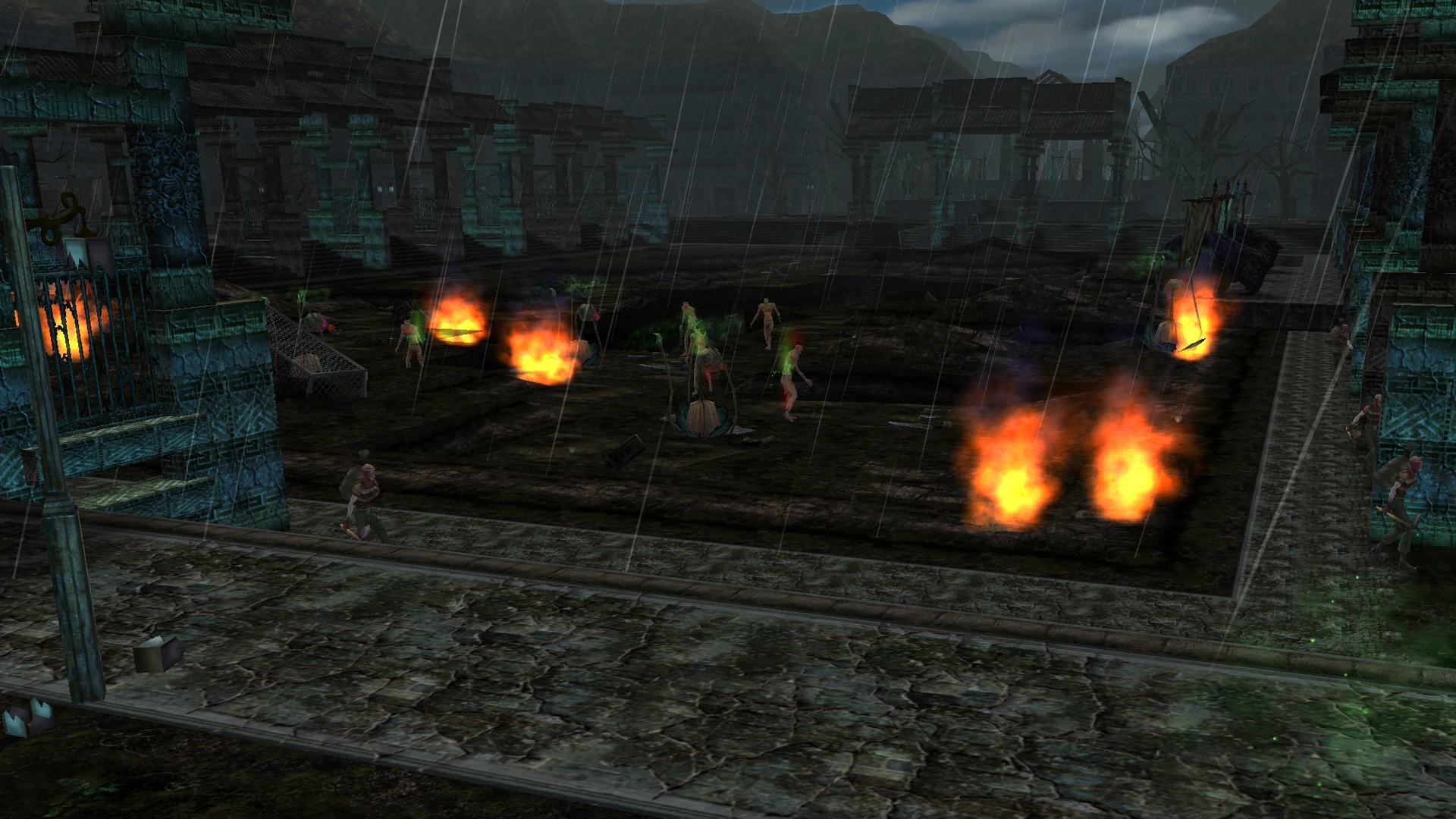 Players fighting through a rain soaked Leonine campus lit by fire