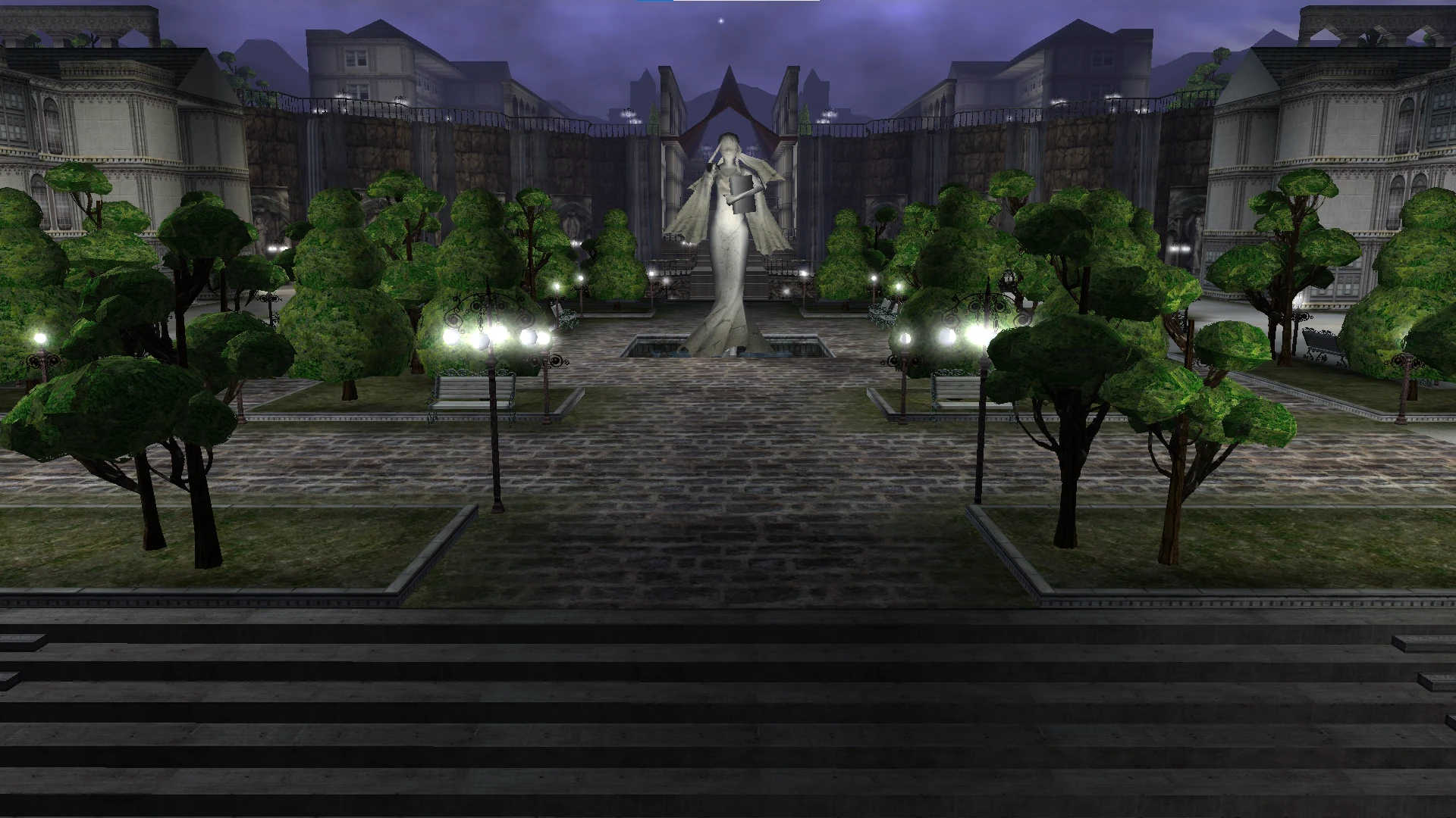 Mystic Peak, the founder's statue after dark
